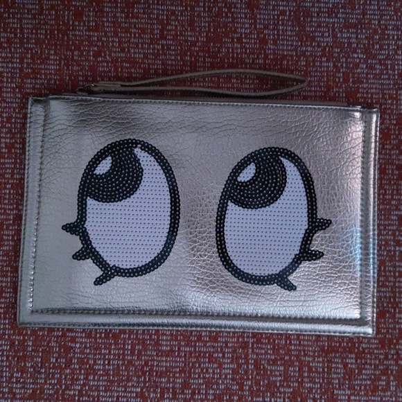 Clutch/wristlet,gold rectangular,with black,white and pink sequin details. - Picture 3 of 5